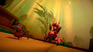 Screenshot of Another Crab's Treasure showing protagonist crab scuttling away from beefy crab opponent