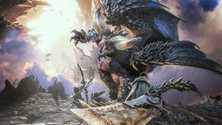 Monster Hunter Rise screenshot showing an archer aiming at a towering Nergigante.