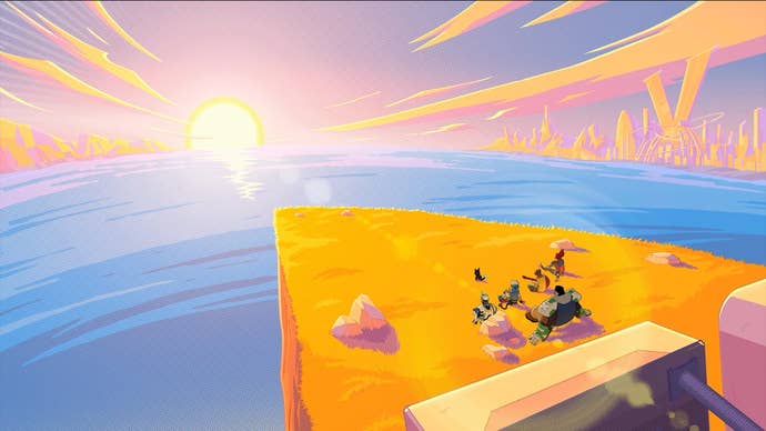 Hi-Fi Rush characters look off into the distance as the sun sets