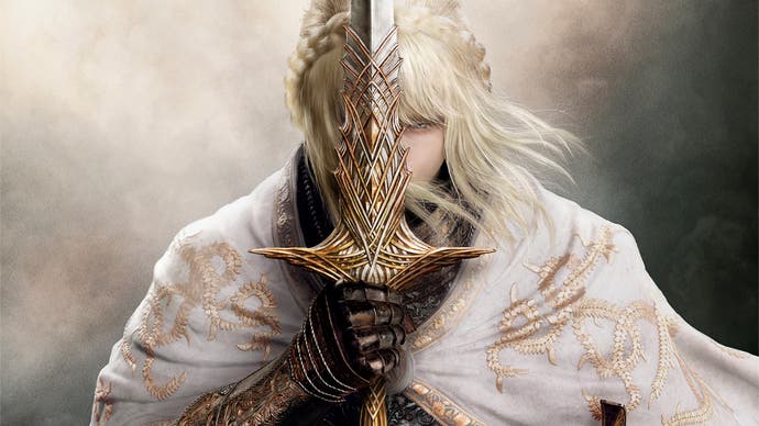 Close up on Elden Ring Shadow of the Erdtree character with blonde hair, white cloak, holding golden sword in front of face