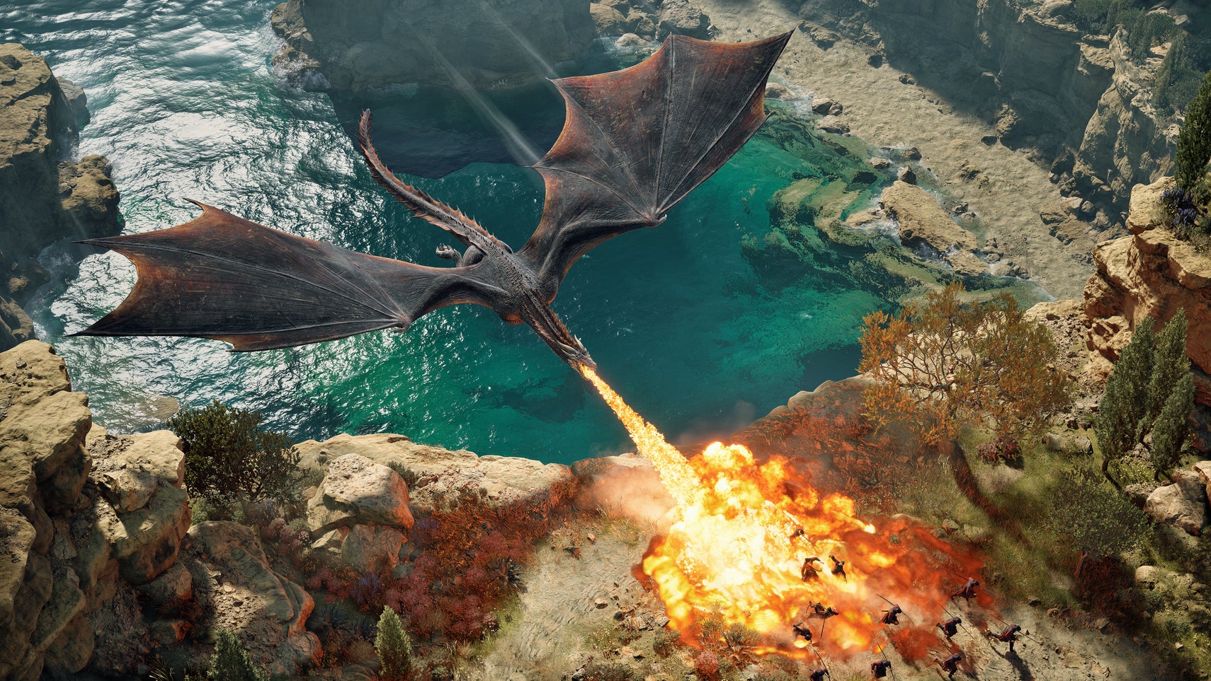 A dragon torches enemies on a coastline in Game of Thrones: War for Westeros