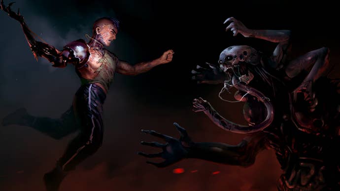 A man with metal limbs jumping towards a huge cyberpunk monster in Graft