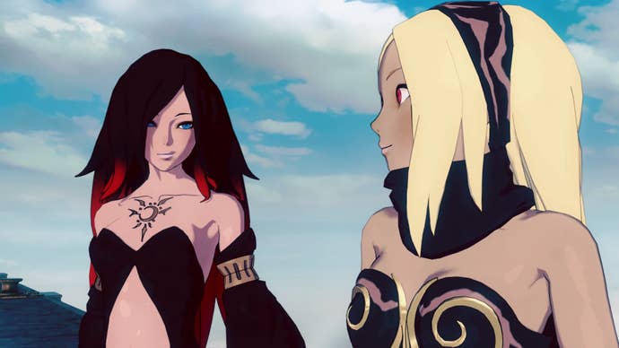 Two characters from Gravity Rush 2 stand in conversation, faces turned away from the viewer.