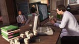 Grand Theft Auto 5 screenshot showing characters sitting at a desk with a briefcase of money open on it