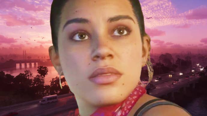GTA 6’s Lucia overlayed on top a screenshot from GTA 6 trailer showing the city skyline at sunset