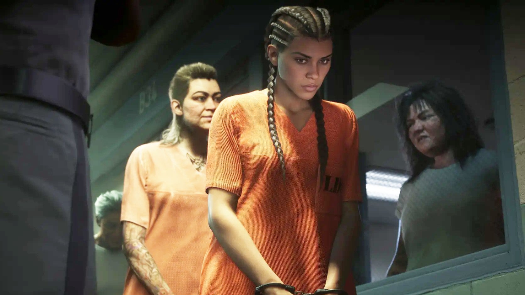GTA 6's Lucia wearing orange prison scrubs and handcuffs