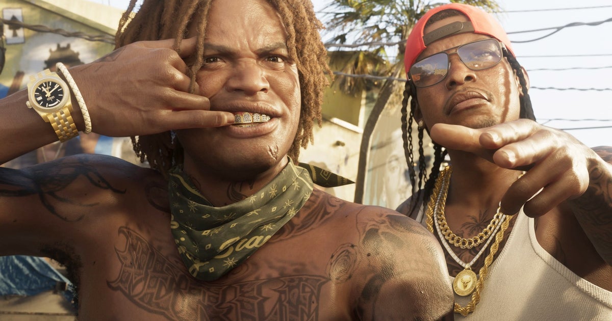 GTA 6 image showing to male characters in Vice City. The man o the left is shirtless and has tattoos over his body but a bandana around his neck. He has a gold watch and is exposing his teeth. The other man has glasses and a red cap on and is reaching out