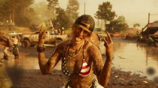 Screenshot from GTA 6 reveal trailer showing a woman in an American flag bikini, wearing a backwards facing cap and sunglasses pulling a face at the camera. She is covered in mud