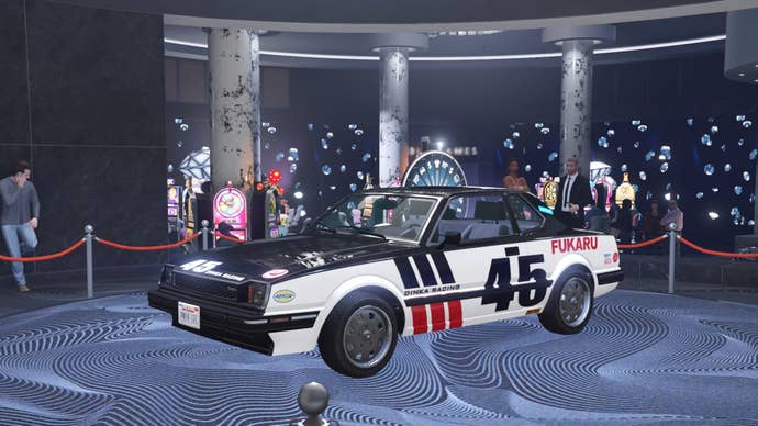 GTA Online, a Dinka Postlude is parked on the podium in the Diamond Casino.
