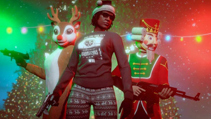 GTA Online, from left to right there is a rudolph costume, a character wearing a festive jumper, and another dressed as a Nutcracker. They are all holding weapons.