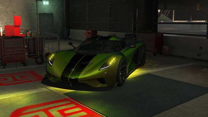 GTA Online, a front view of a Green Overflod Entity MT as Hao's test ride in the LS Car Meet.