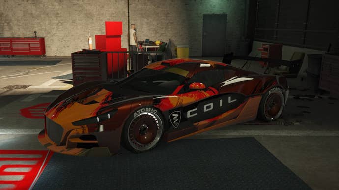 GTA Online, an Orange and Black Coil Cyclone II is parked in a spot in the LS Car Meet