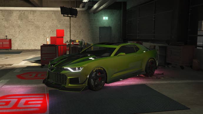 GTA Online, an olive green Declasse Vigero is parked in Hao's test ride spot in the LS Car Meet.
