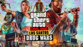 GTA Online, official Rockstar Newswire key art for the Los Santos Drug Wars update. The image features multiple characters and vehicles.
