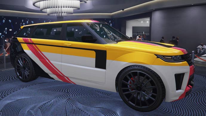 GTA Online. a Yellow, White, and Red Baller ST vehicle is on the Podium in the middle of the Casino