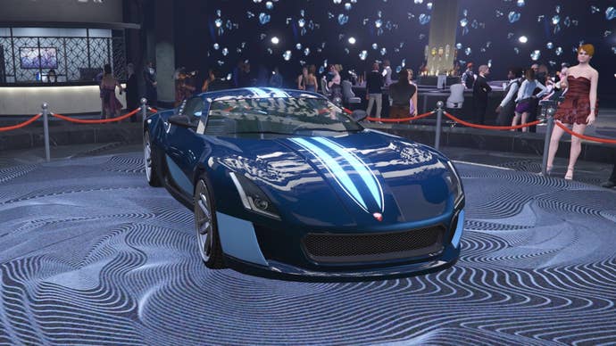 GTA Online, a Coil Cyclone is parked on the podium in the casino