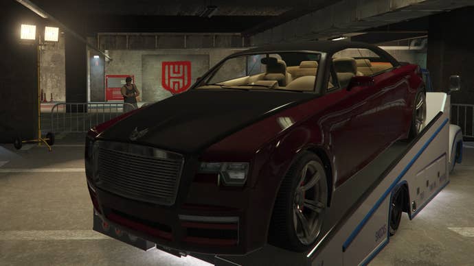 GTA Online, a dark red Enus Windsor Drop is parked on the Slam Truck in the middle of the LS Car Meet.