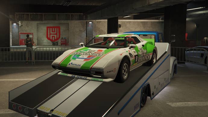 GTA Online, a white and green Lampadati Tropos Railye is parked on the white slam truck in the middle of the LS Car Meet.