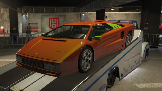 GTA Online Prize Ride, an Orange Infernus Classic is sitting on the slamtruck in the LS Car Meet.