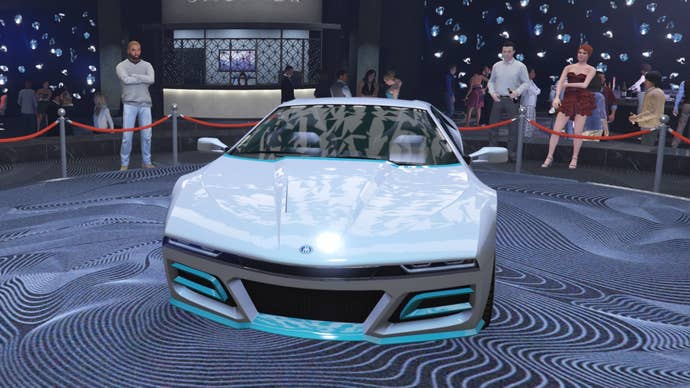 GTA Online, a light grey Ubermacht SC1 is parked on the podium in the middle of the Diamond Casino