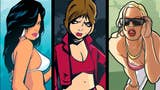 Promotional art for Grand Theft Auto: The Trilogy showing three female characters representing GTA 3, Vice City, and San Andreas.