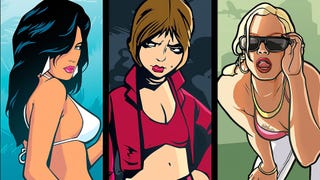 Promotional art for Grand Theft Auto: The Trilogy showing three female characters representing GTA 3, Vice City, and San Andreas.