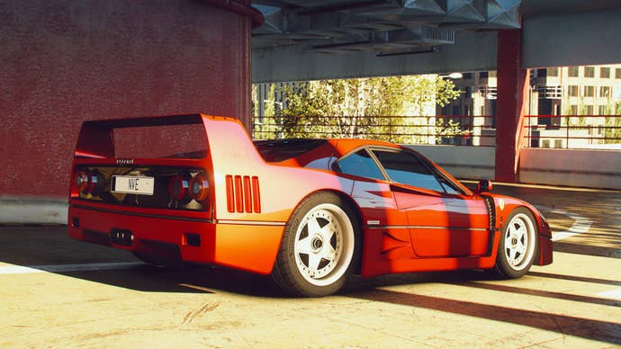 A red sports car is hit by golden hour light through the windows of a parking garage in GTA 5’s NaturalVision Evolved graphics mod.