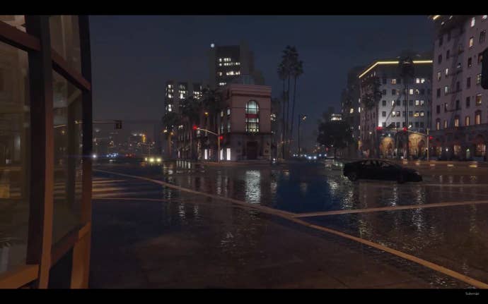 A rainy street and traffic intersection in Grand Theft Auto 5