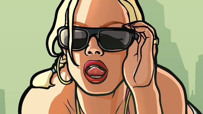 GTA Trilogy artwork showing a woman lowering her shades.