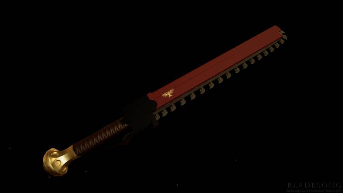 A sword created successful Bladesong that looks similar a Warhammer 40,000 chainsword.