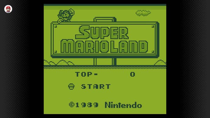 Super Mario Land’s title screen on the Game Boy.