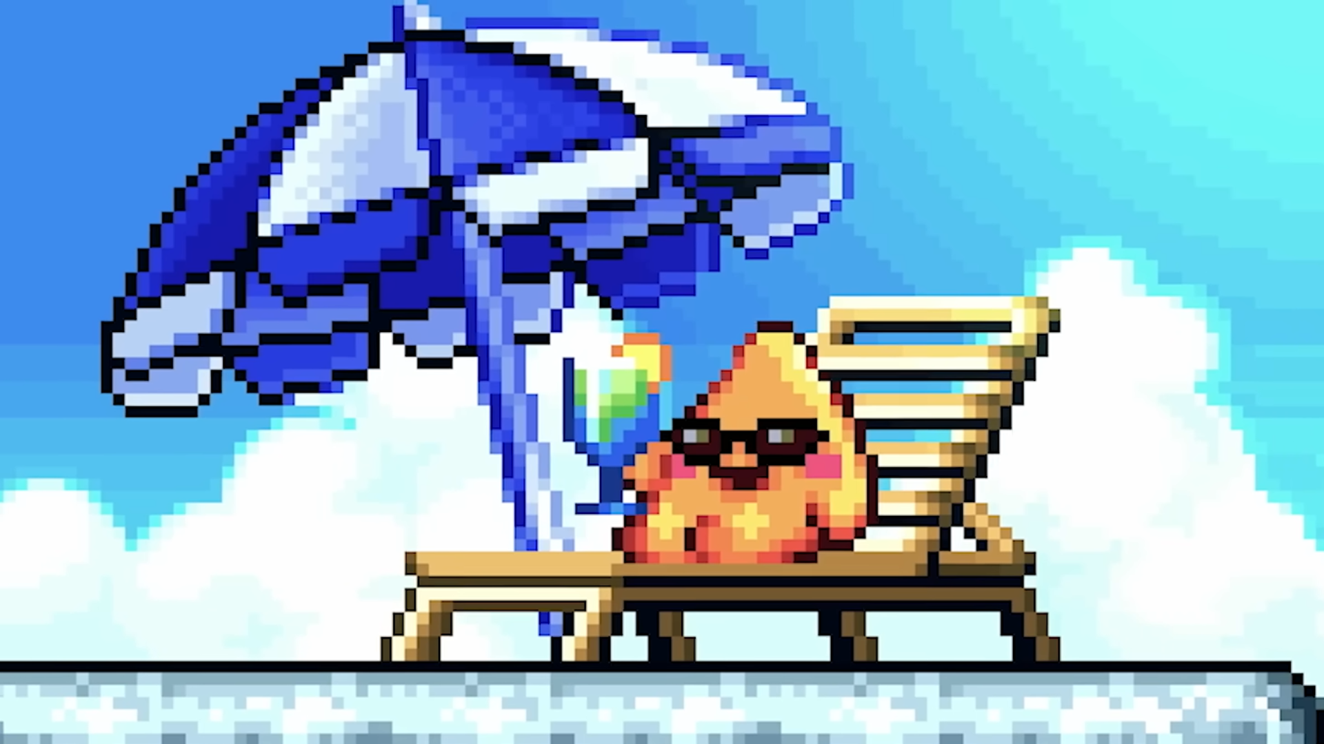 Screenshot of Starfy, a golden pixel starfish lying on a sun lounger with a cocktail and sunglasses