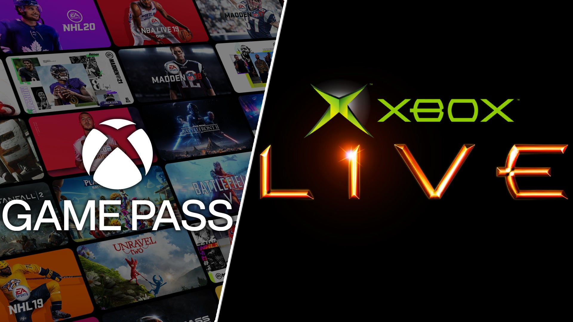 Xbox Game Pass logo sits on top of a series of thumbnails representing Game Pass titles. Split image with the old Xbox Live logo - 1