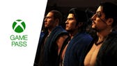 Split image with an Xbox Game Pass logo and key art from Like a Dragon Ishin
