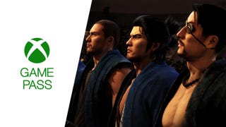 Split image with an Xbox Game Pass logo and key art from Like a Dragon Ishin