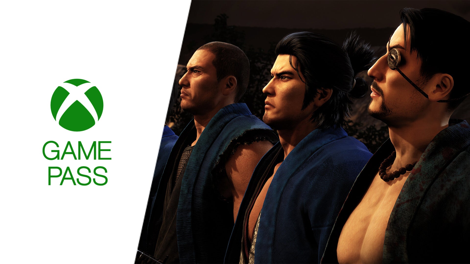 Split image with an Xbox Game Pass logo and key art from Like a Dragon Ishin - 1