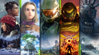 Game Pass promotional art work featuring Tell Me Why, Halo Infinite, Dragon Quest 11, Doom Eternal, Wasteland 3