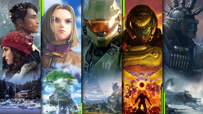 Game Pass promotional creation enactment featuring Tell Me Why, Halo Infinite, Dragon Quest 11, Doom Eternal, Wasteland 3