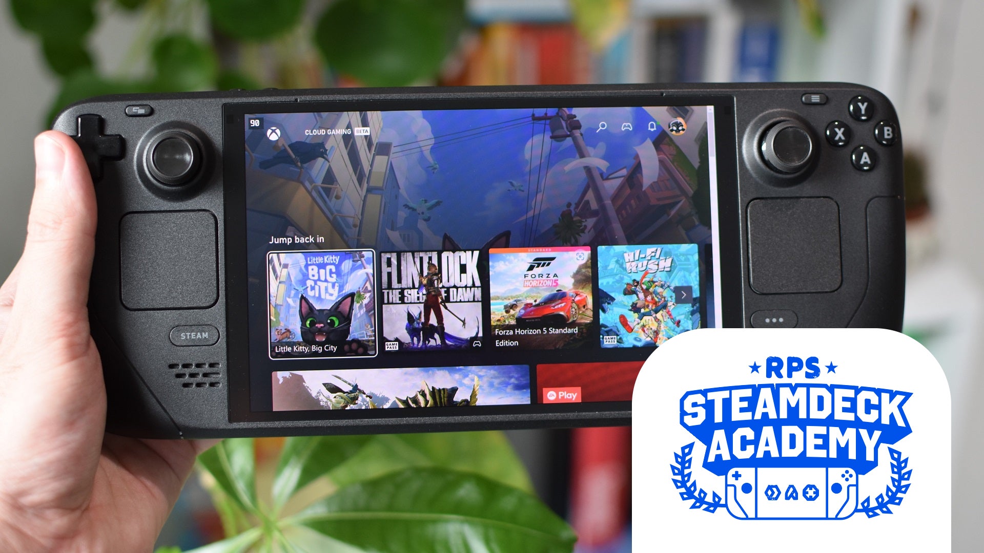 Game Pass running on a Steam Deck OLED. The RPS Steam Deck Academy logo is added in the bottom-right corner. - 1