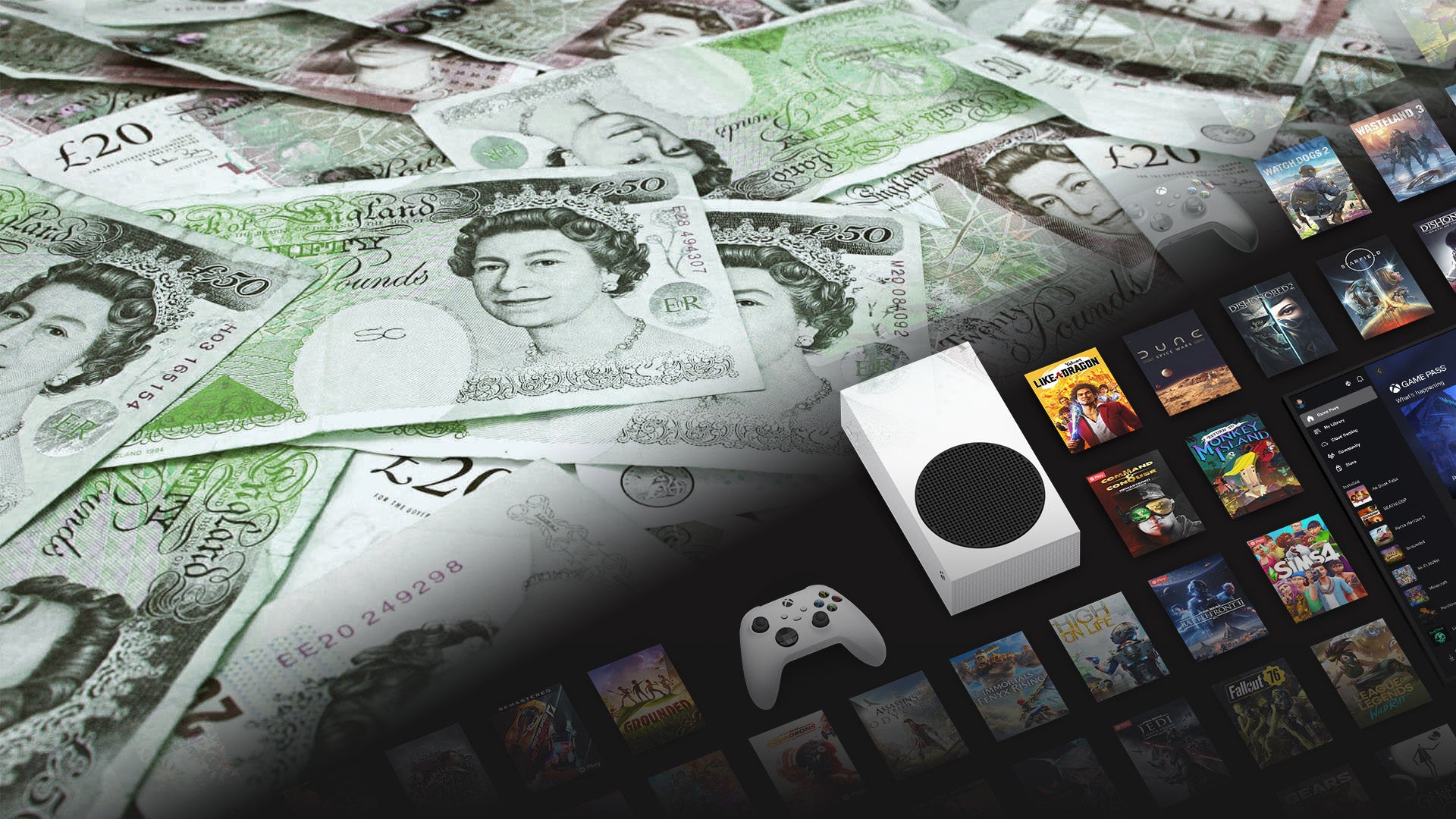 An Xbox Series S, with a lot of games scattered around it, fades into some green-hued British money. - 1