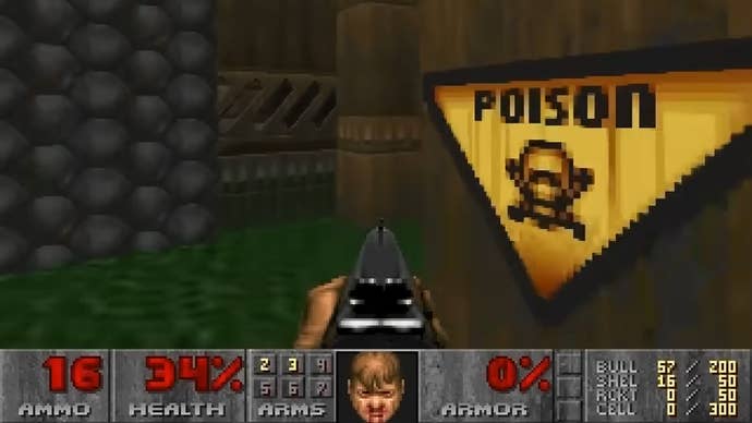 An AI-generated screenshot from Doom, with a warning sign that reads: “poison”.