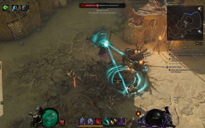 Image of Last Epoch’s isometric ARPG gameplay. The player is a grim reaper-style character, who is leeching the life out of enemies using two glowing green beams.