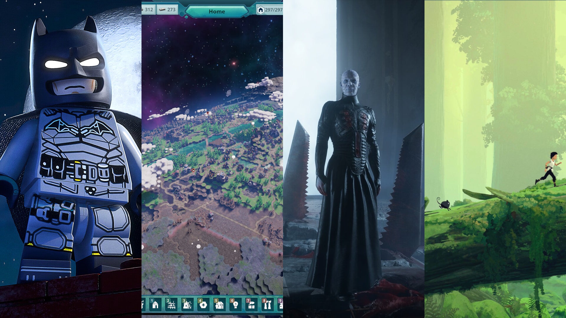A collage of Lego Batman: Legacy of the Dark Knight, Beyond These Stars, Clive Barker's Hellraiser: Revival and Planet of Lana 2 screenshots. - 1