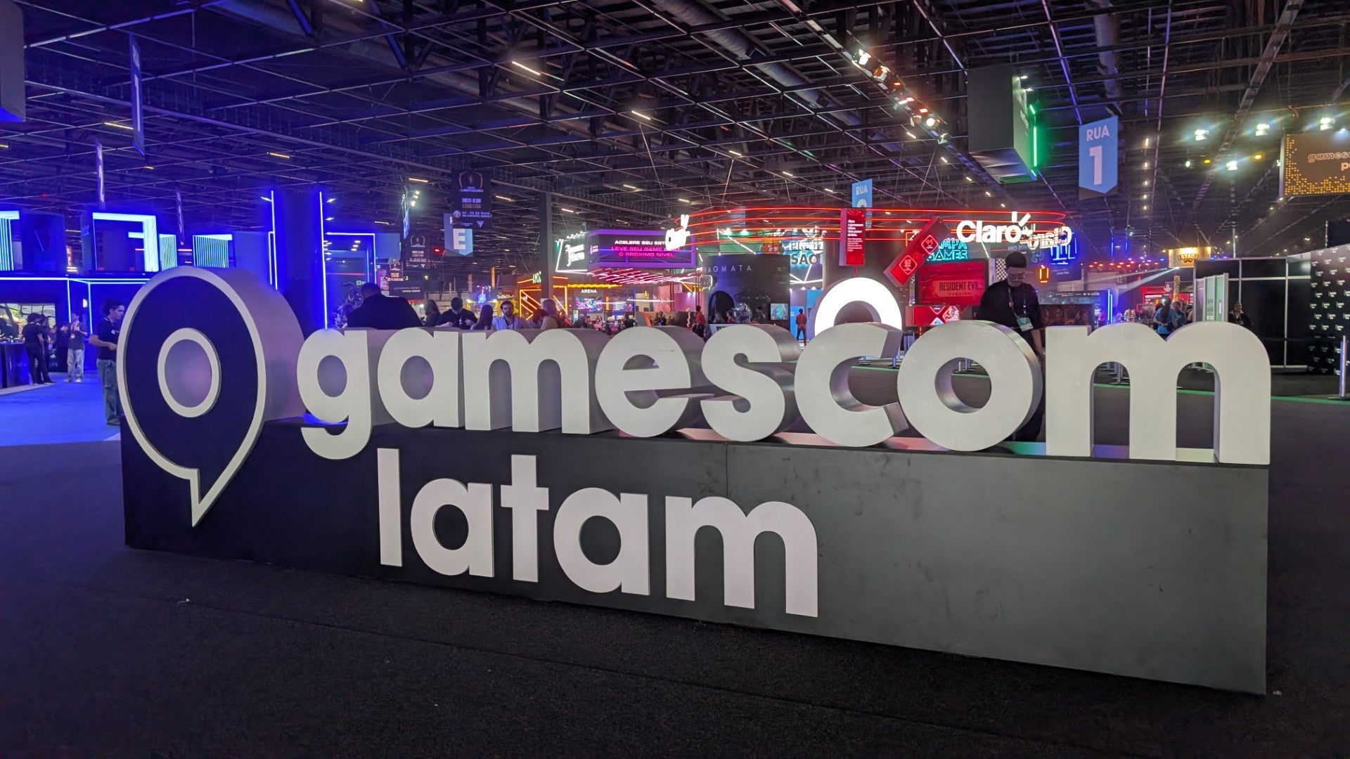 A big 'Gamescom Latam' welcome sign at Gamescom Latam 2026.