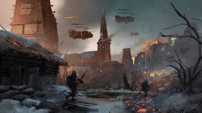 A soldier trudges through a dystopian city while flying castles tear through the sky in Gangs Of Sherwood