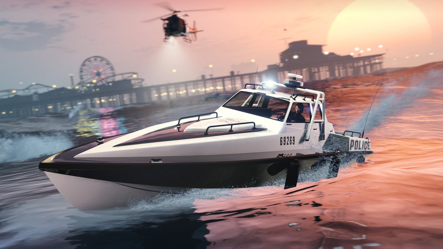 A character in GTA Online driving a police boat in a chase. - 1