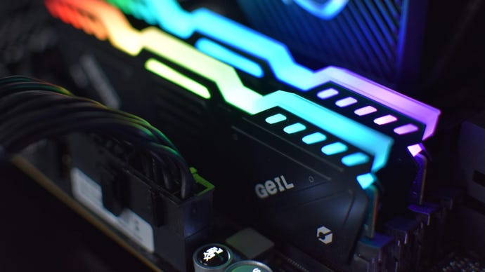Two sticks of Geil DDR5 RGB RAM installed in a motherboard.