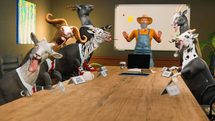 Goat Simulator 3 artwor showing laughing goats sat around a boardroom table
