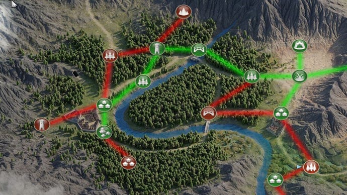 The overworld map showing green and red routes in Geneforge 2 - Infestation.