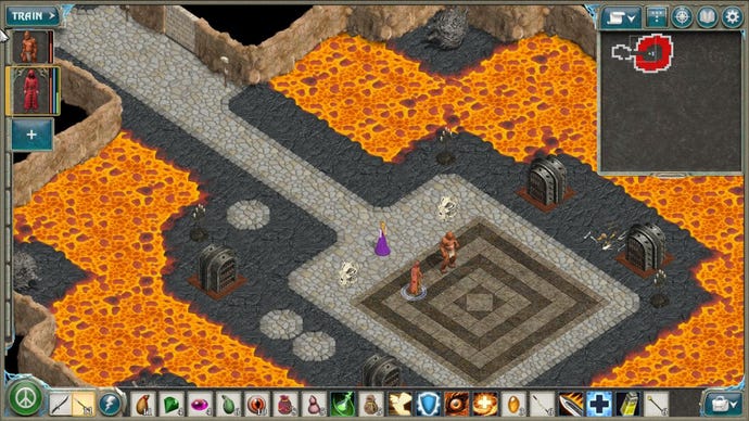Exploring a cavern surrounded by pools of lava in Geneforge 2 - Infestation.